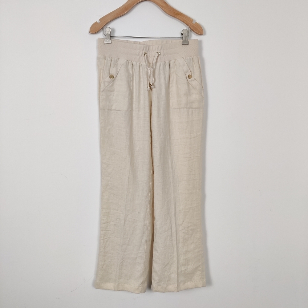 Guess Women's 100% Linen Trousers in Beige Business Casual Quiet Luxury Bohemian